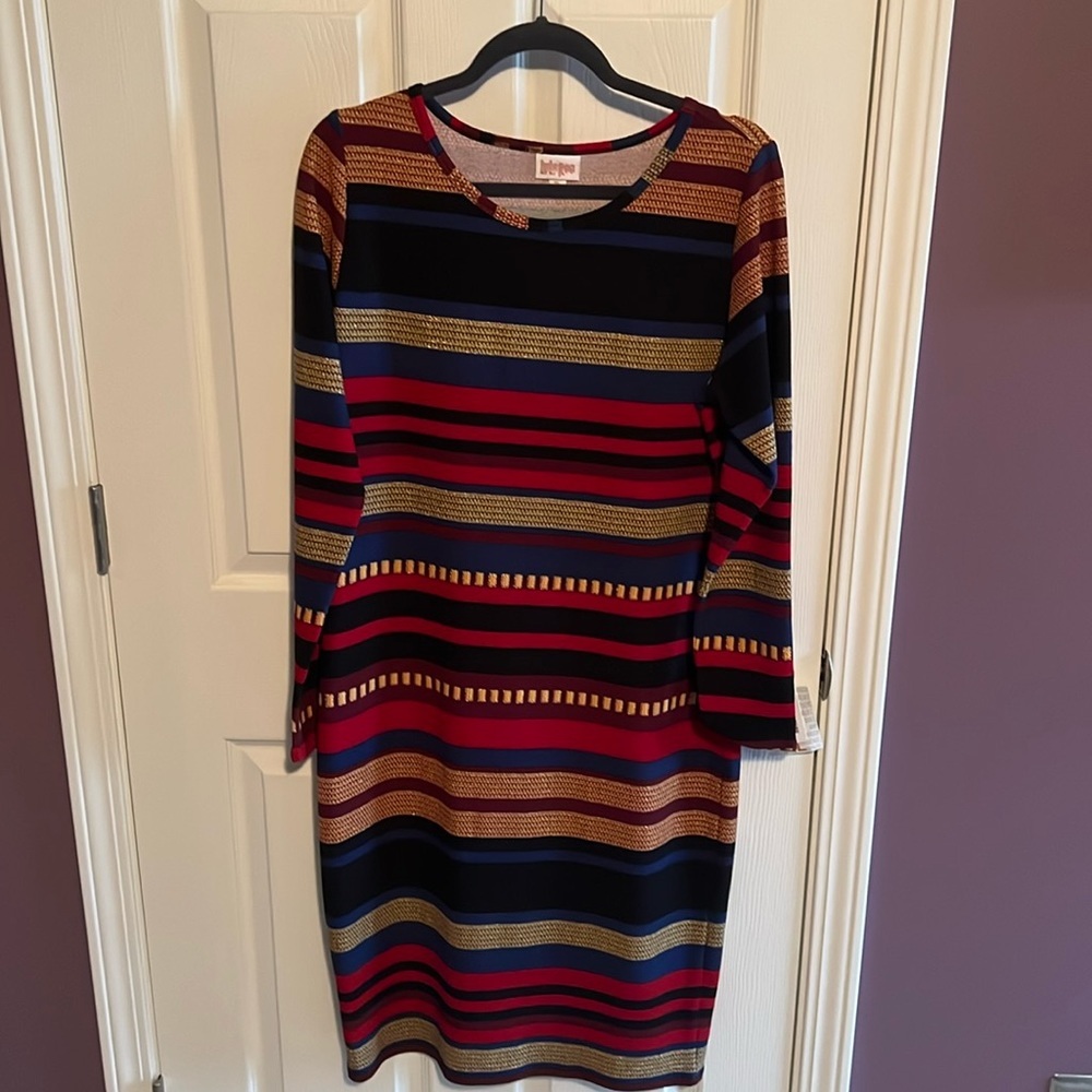 Lularoe Elegant Debbie pencil sheath dress gold red black stripe size XL X Large